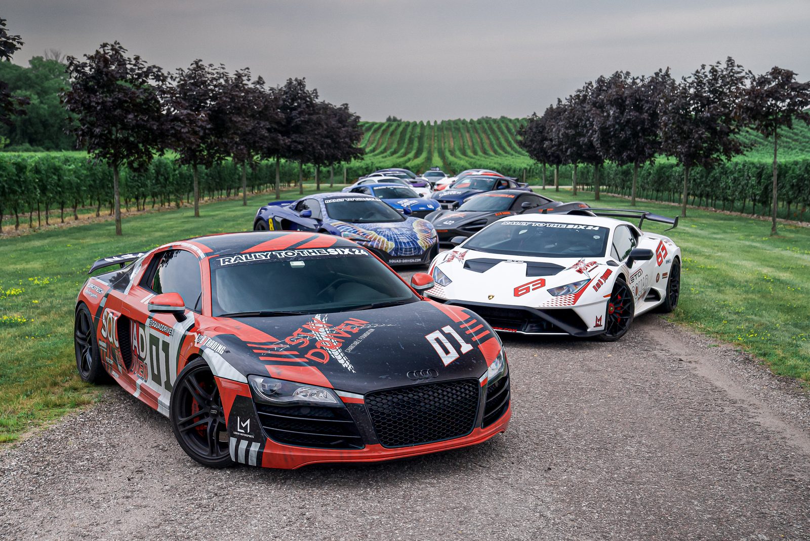Supercar rally group at a vineyard