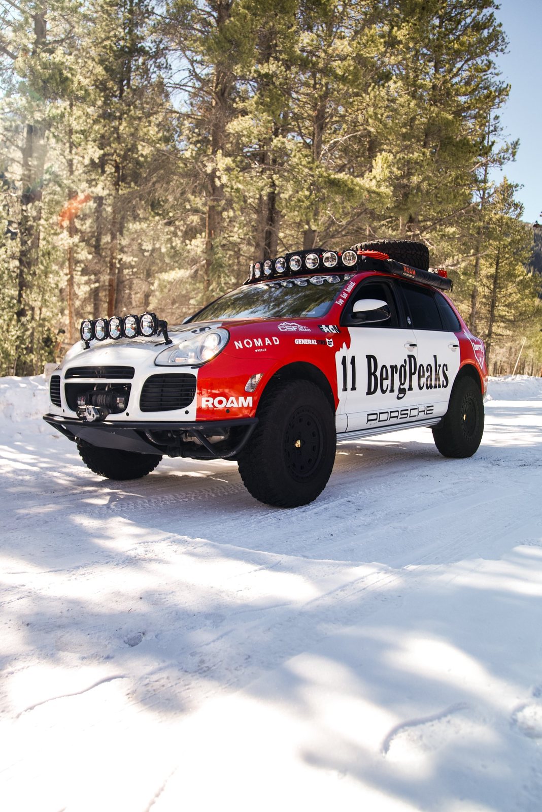 BergPeaks Porsche Cayenne rally build in the snowy pines