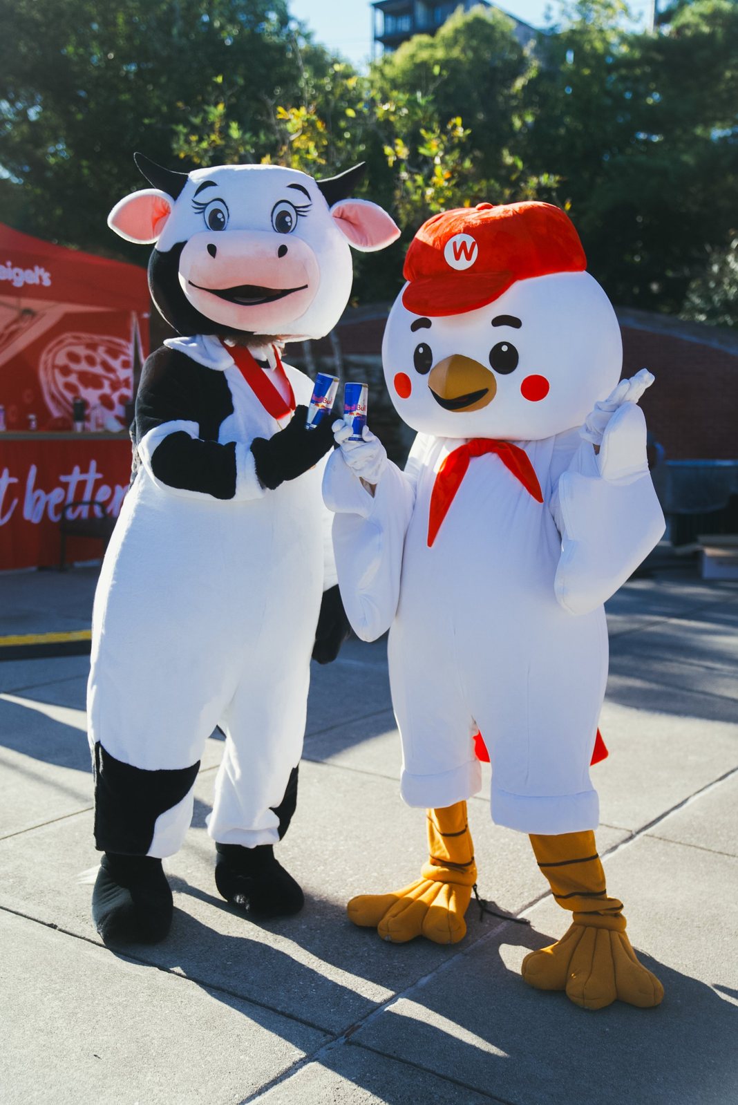 Cow and chicken mascots toasting with Red Bull cans