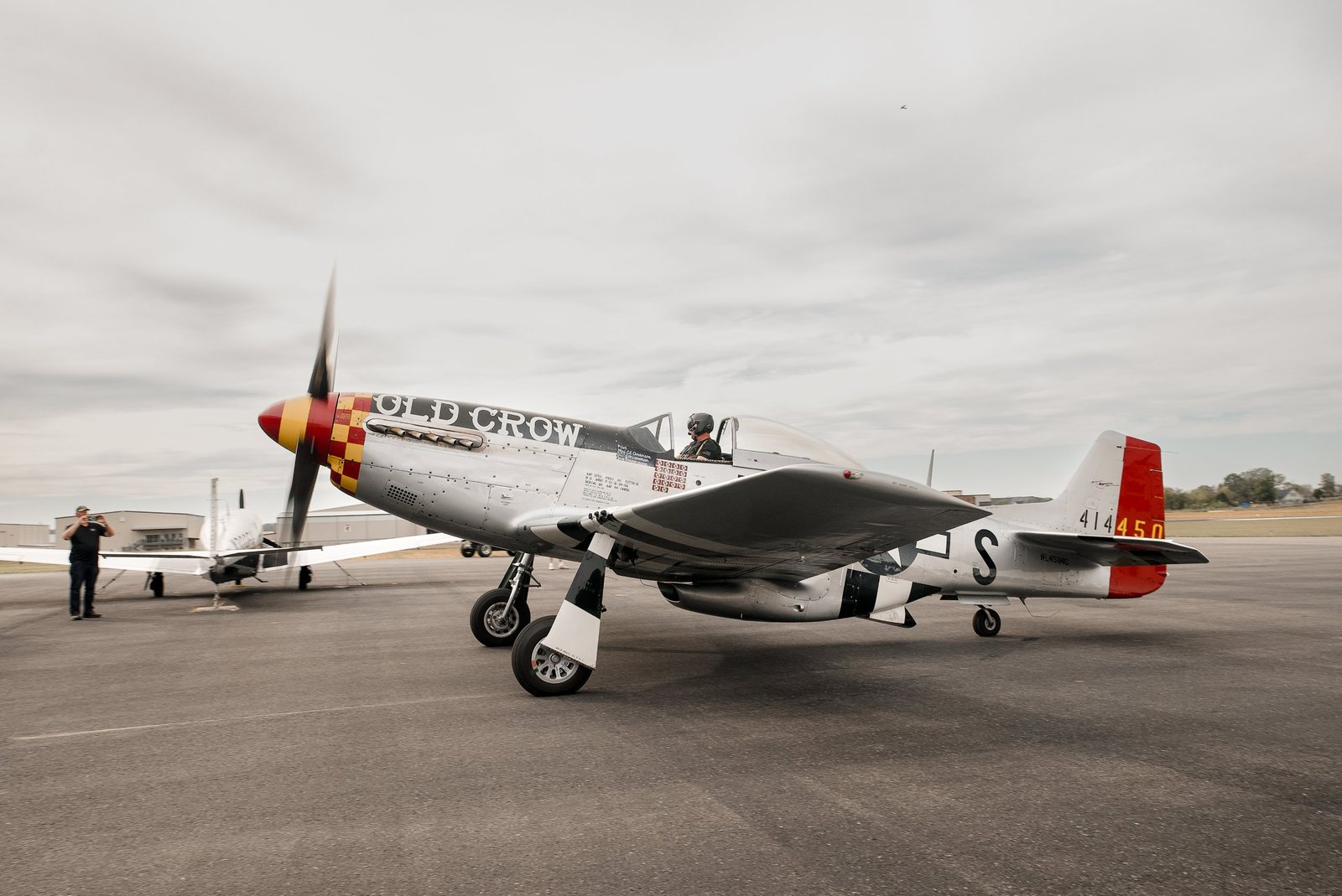 P-51 Mustang Old Crow taxiing with its propeller spinning